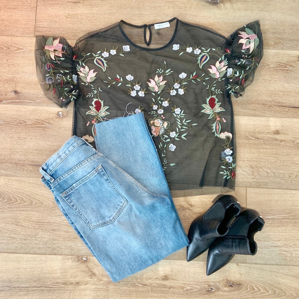Black & Floral Sheer Top -Small